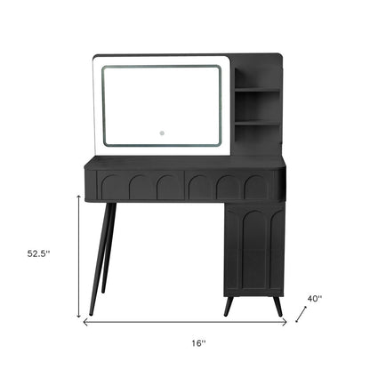40" Black Wood Mirrored Four Drawer Vanity Table And Lights