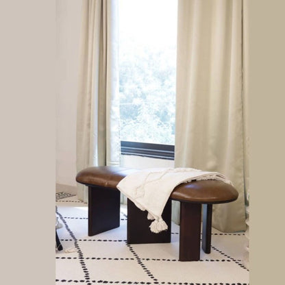 48" Brown Genuine Leather and Solid Wood Upholstered Bench