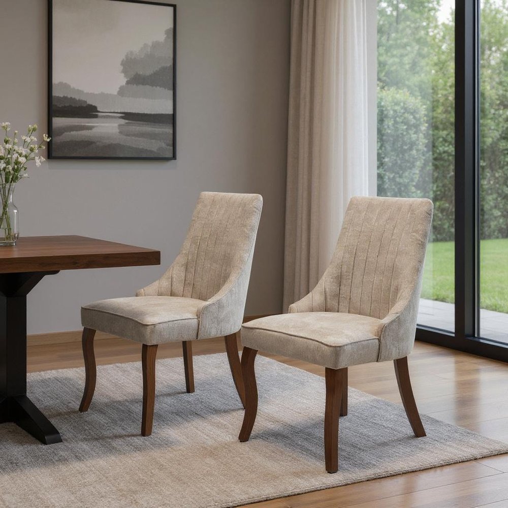 Set of Two Beige and Brown Tufted Dining Side Chairs