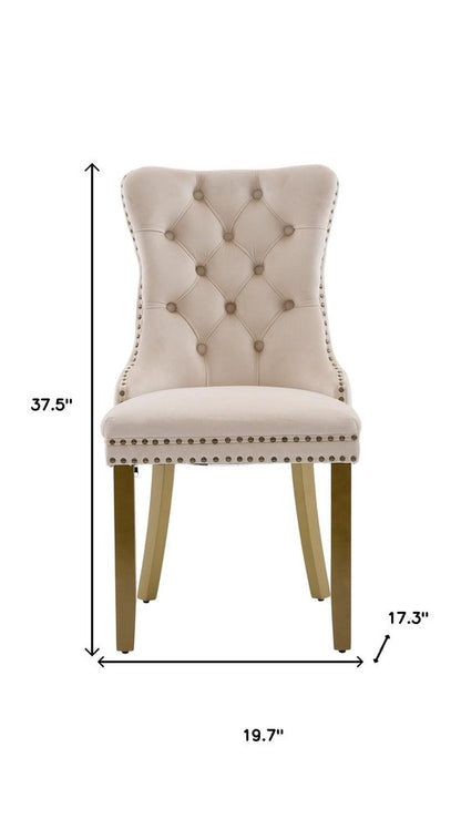 Set of Two Beige and Gold Tufted Velvet Dining Side Chairs