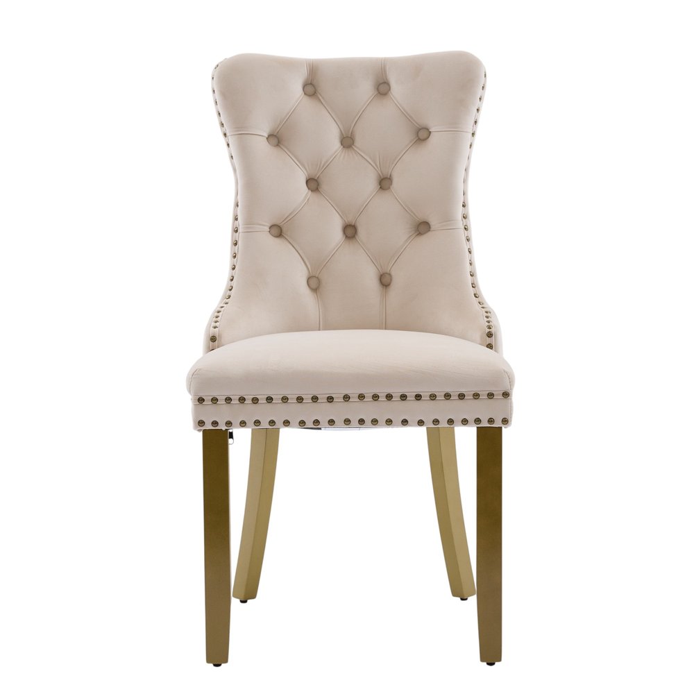 Set of Two Beige and Gold Tufted Velvet Dining Side Chairs