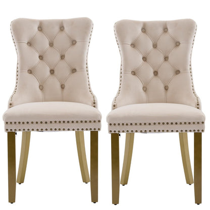 Set of Two Beige and Gold Tufted Velvet Dining Side Chairs