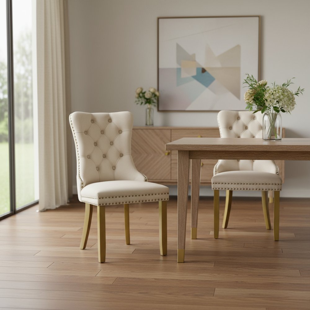 Set of Two Beige and Gold Tufted Velvet Dining Side Chairs
