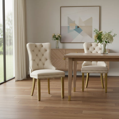 Set of Two Beige and Gold Tufted Velvet Dining Side Chairs