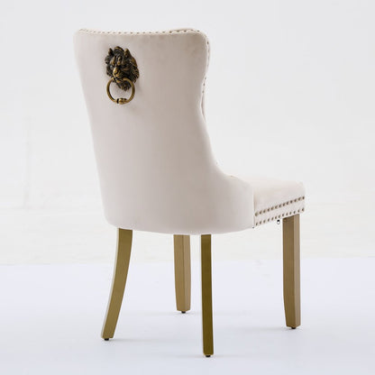 Set of Two Beige and Gold Tufted Velvet Dining Side Chairs
