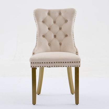 Set of Two Beige and Gold Tufted Velvet Dining Side Chairs