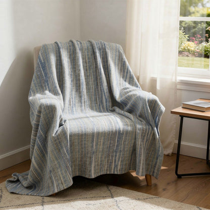 50" X 70" Blue And Beige Striped Microfiber Plush Throw Blanket