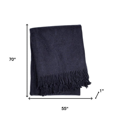 55" X 70" Navy Blue Cotton Blend Plush Throw Blanket with Fringe