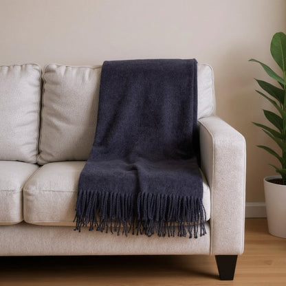 55" X 70" Navy Blue Cotton Blend Plush Throw Blanket with Fringe