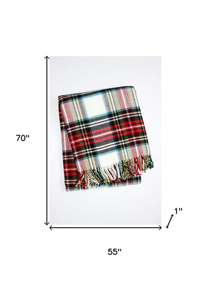 55" X 70" Black Red And White Plaid Cotton Blend Plush Throw Blanket with Fringe