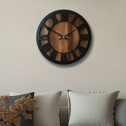 14" Black And Brown Solid Wood Silent Analog Round Wall Clock