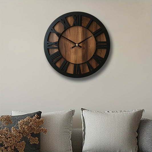 14" Black And Brown Solid Wood Silent Analog Round Wall Clock