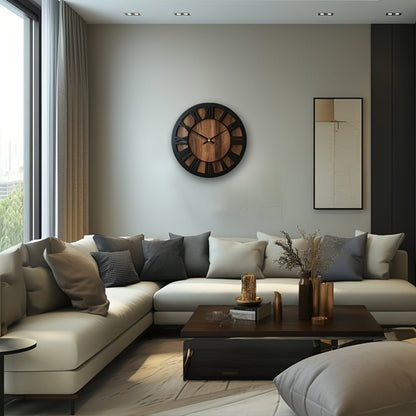 14" Black And Brown Solid Wood Silent Analog Round Wall Clock