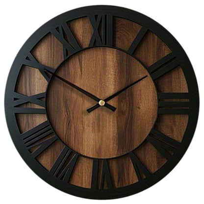 14" Black And Brown Solid Wood Silent Analog Round Wall Clock