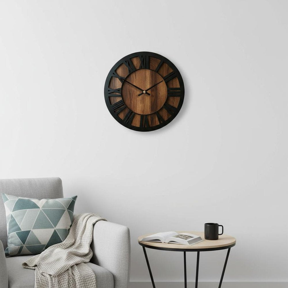 14" Black And Brown Solid Wood Silent Analog Round Wall Clock