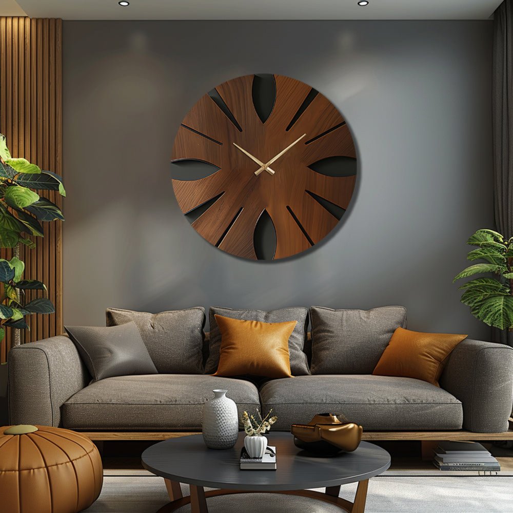 14" Brown Solid Wood Silent Analog Abstract Round Wall Clock