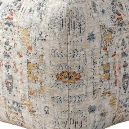 18" Ivory and Light Gray Upholstered Medallion Pouf Ottoman