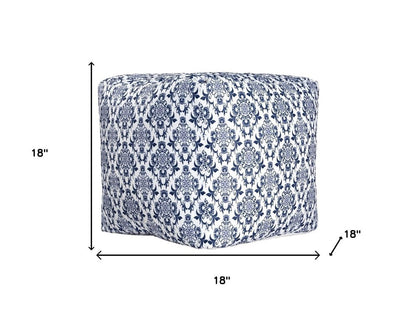 18" Blue and White Cotton Floral Pouf Ottoman