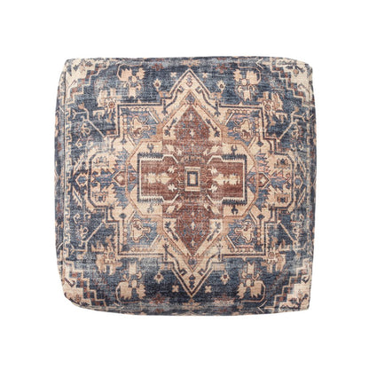 18" Navy Blue and Terra Cotta Upholstered Medallion Pouf Ottoman