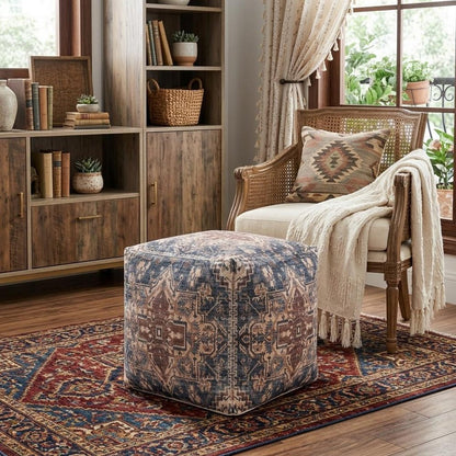 18" Navy Blue and Terra Cotta Upholstered Medallion Pouf Ottoman