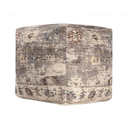 18" Ivory and Taupe Upholstered Medallion Pouf Ottoman