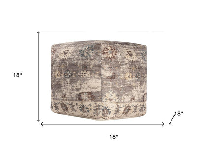 18" Ivory and Taupe Upholstered Medallion Pouf Ottoman