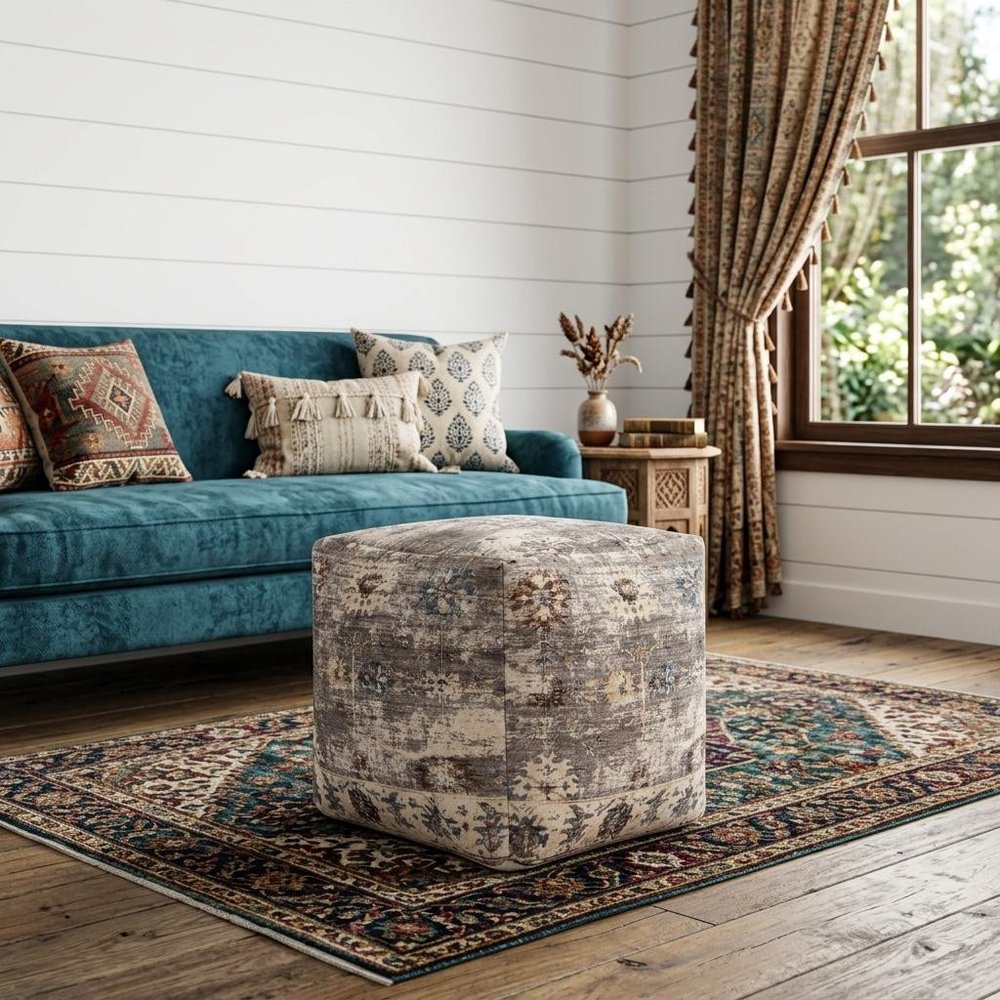 18" Ivory and Taupe Upholstered Medallion Pouf Ottoman