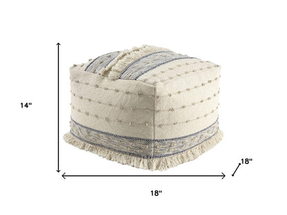 18" Ivory and Navy Blue Cotton and Wool Striped Pouf Ottoman