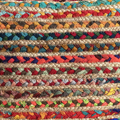 18" Natural and Rainbow Braided Jute And Polyester Striped Pouf Ottoman