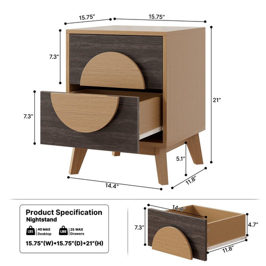 21" Oak And Dark Brown Solid Wood Square Two Drawer Nightstand