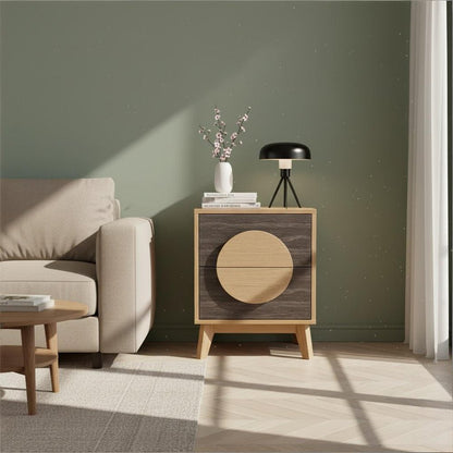21" Oak And Dark Brown Solid Wood Square Two Drawer Nightstand