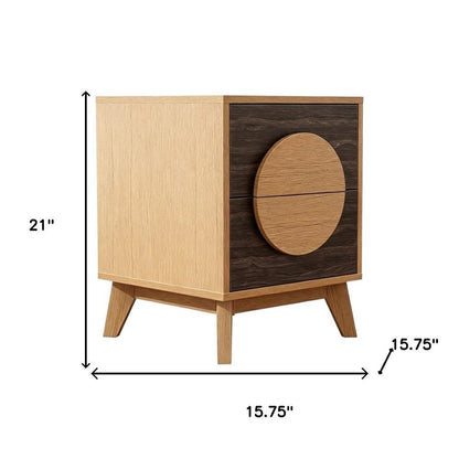 Set of Two 21" Oak And Dark Brown Solid Wood Square Two Drawer Nightstands