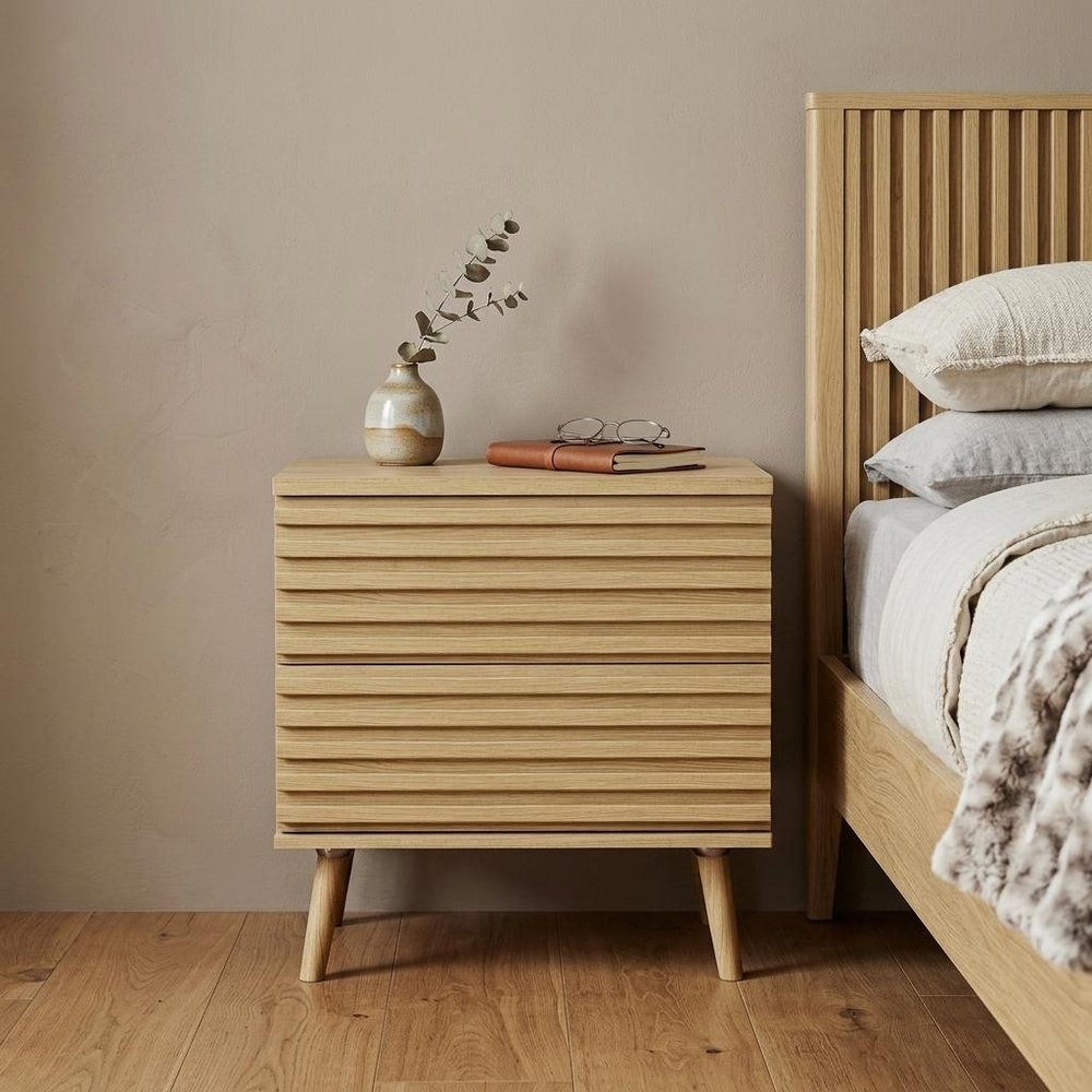 23" Natural Solid Wood Ribbed Texture Two Drawer Nightstand