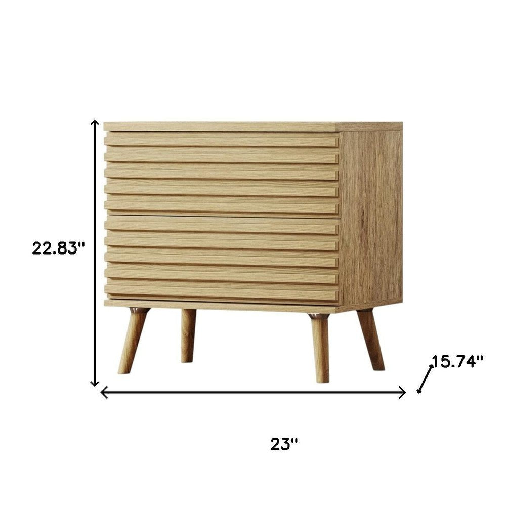 23" Natural Solid Wood Ribbed Texture Two Drawer Nightstand