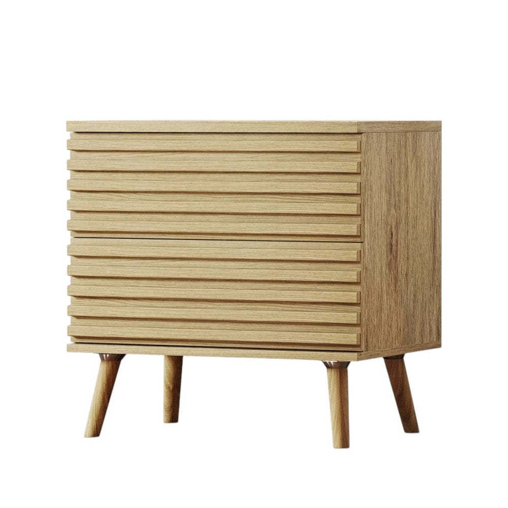 Set of Two 23" Natural Solid Wood Ribbed Texture Two Drawer Nightstand