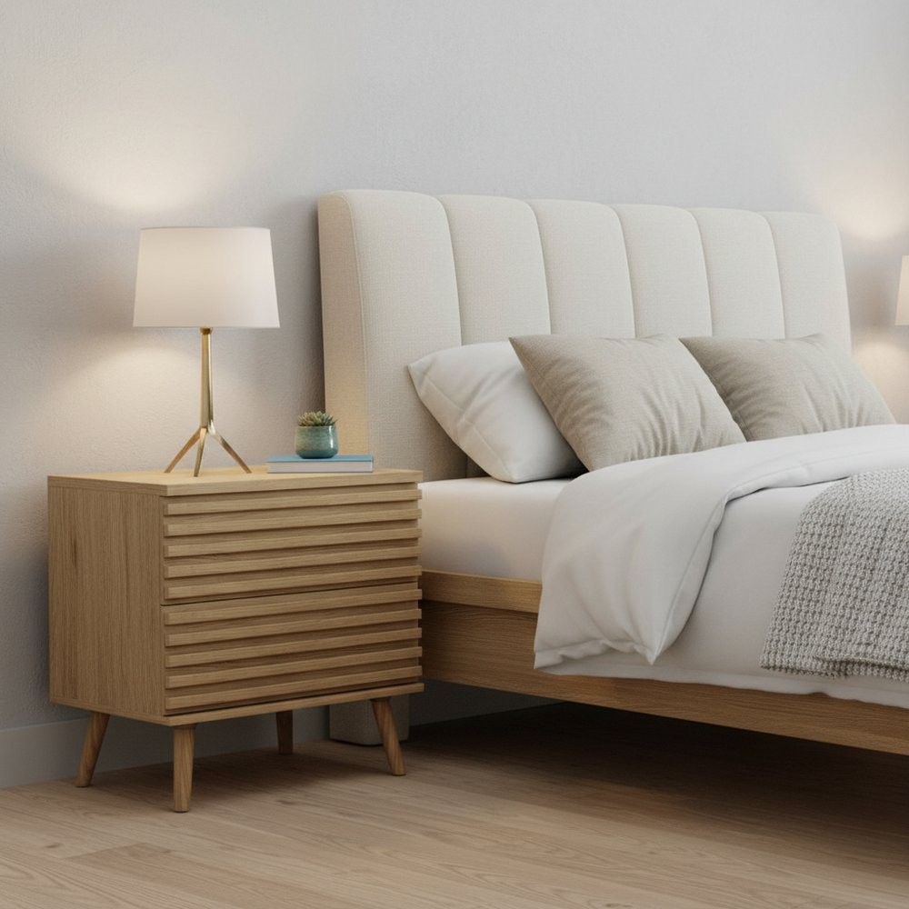 Set of Two 23" Natural Solid Wood Ribbed Texture Two Drawer Nightstand