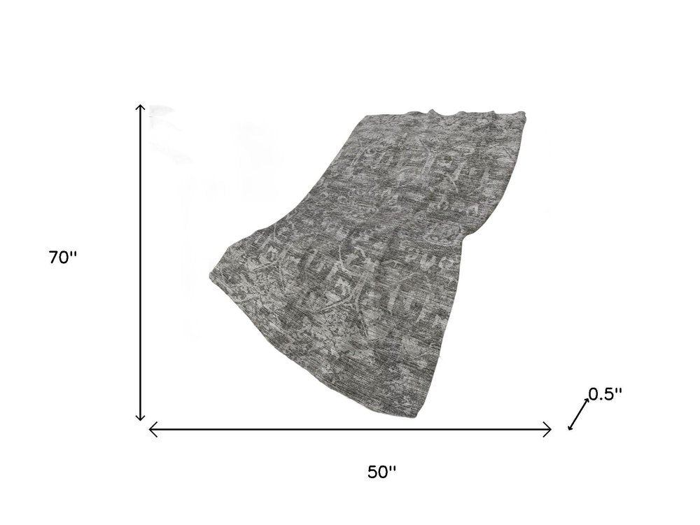 50" X 70" Charcoal And Gray Damask Polyester Woven Plush Throw Blanket