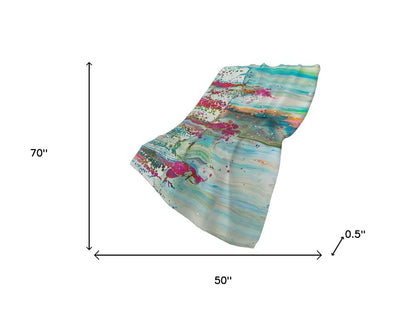 50" X 70" Ivory Pink And Teal Abstract Polyester Woven Plush Throw Blanket