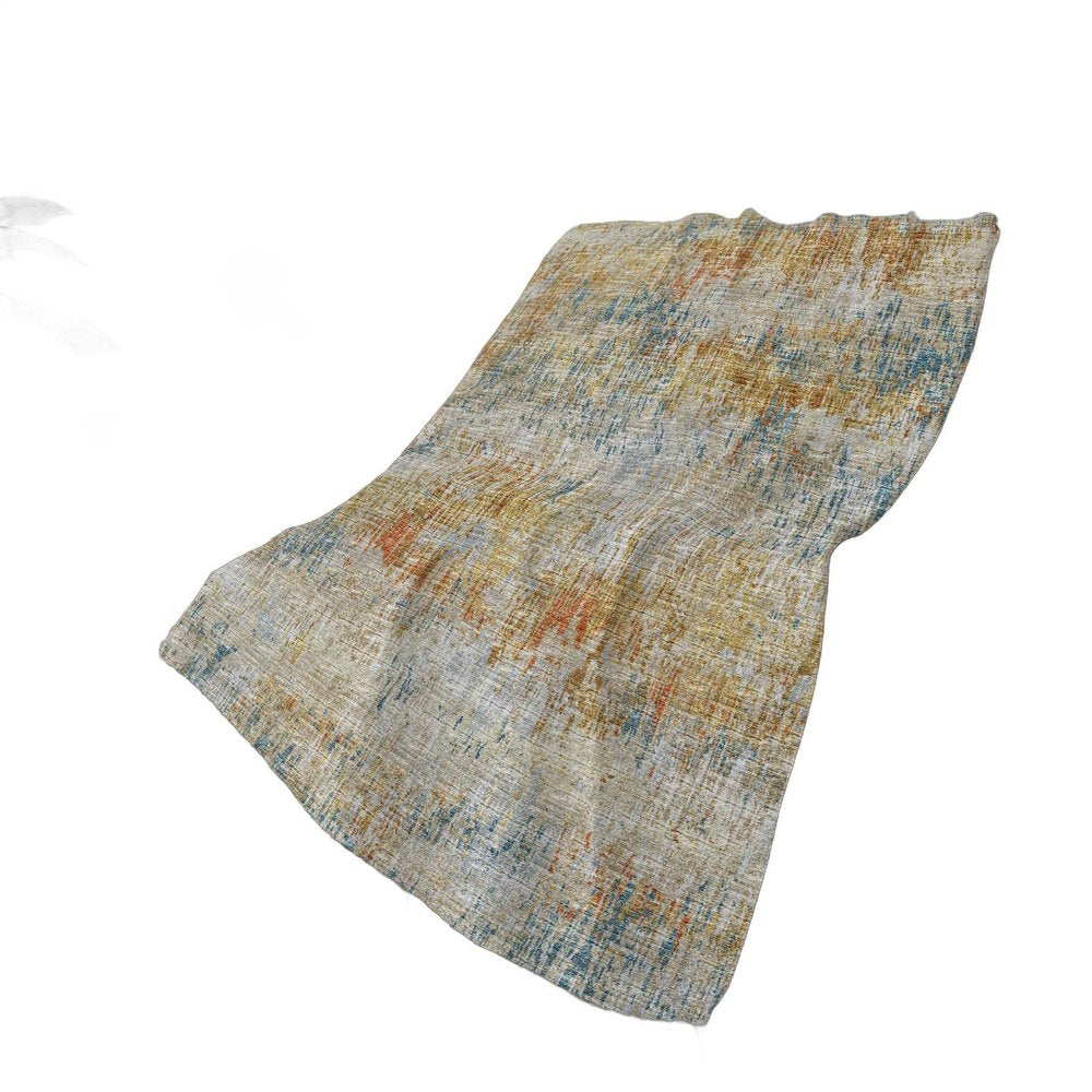 50" X 70" Beige Blue And Gold Abstract Polyester Woven Plush Throw Blanket