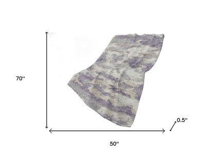 50" X 70" Purple Ivory And Gray Abstract Polyester Woven Plush Throw Blanket