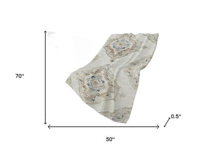 50" X 70" Linen Coffee And Ivory Floral Polyester Woven Plush Throw Blanket