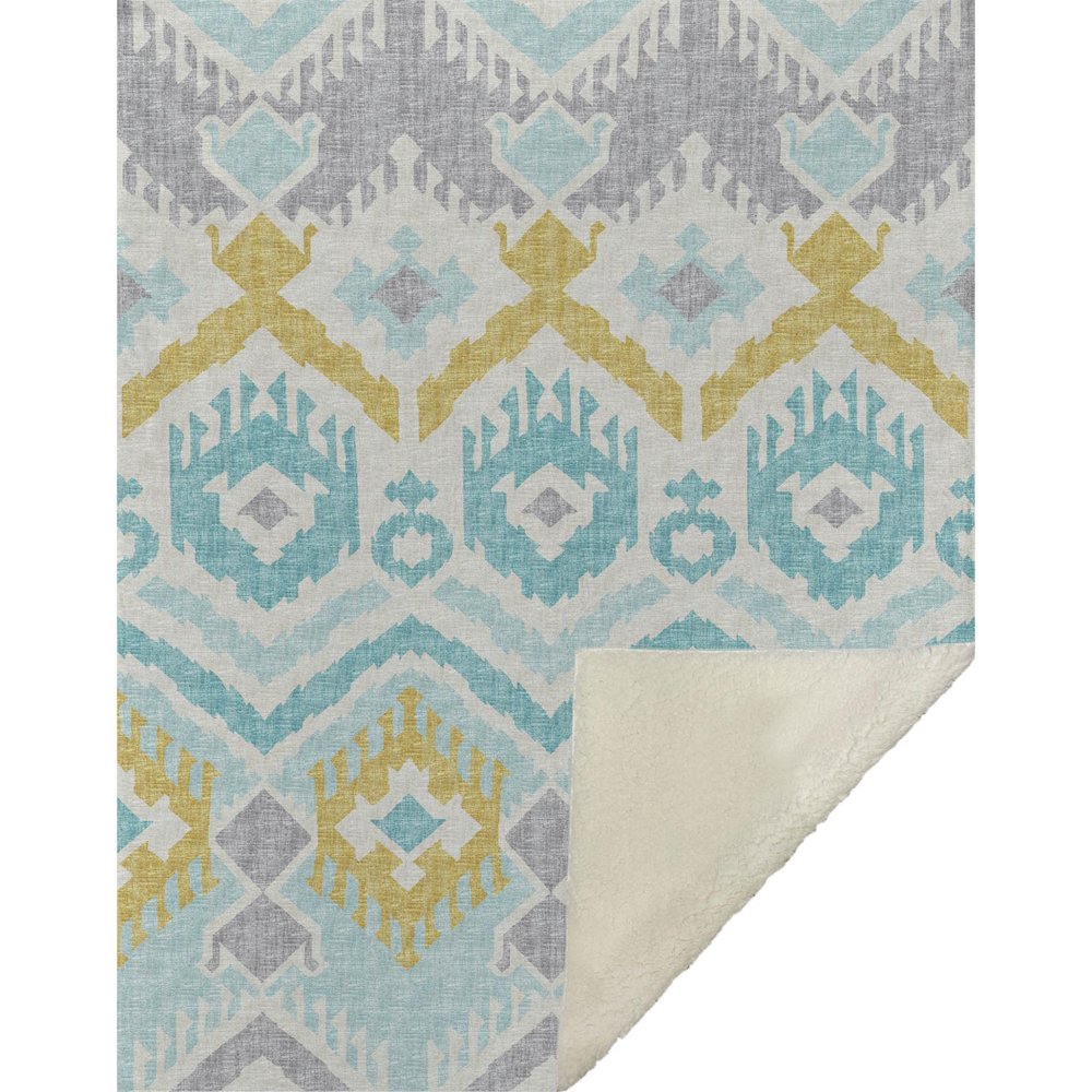 50" X 70" Aqua Gold And Ivory Ikat Microfiber Plush Throw Blanket