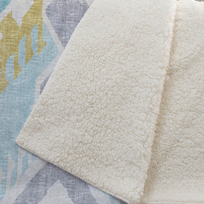 50" X 70" Aqua Gold And Ivory Ikat Microfiber Plush Throw Blanket