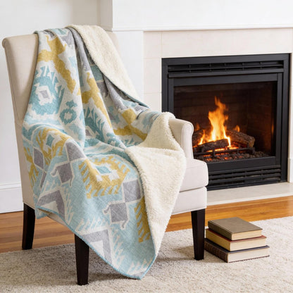 50" X 70" Aqua Gold And Ivory Ikat Microfiber Plush Throw Blanket