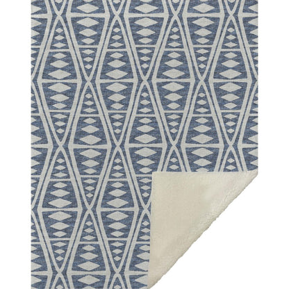 50" X 70" Blue And Ivory Geometric Microfiber Plush Throw Blanket