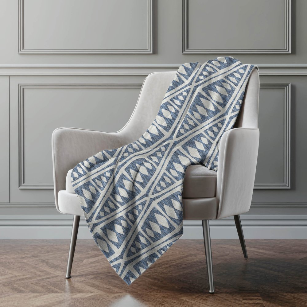 50" X 70" Blue And Ivory Geometric Microfiber Plush Throw Blanket