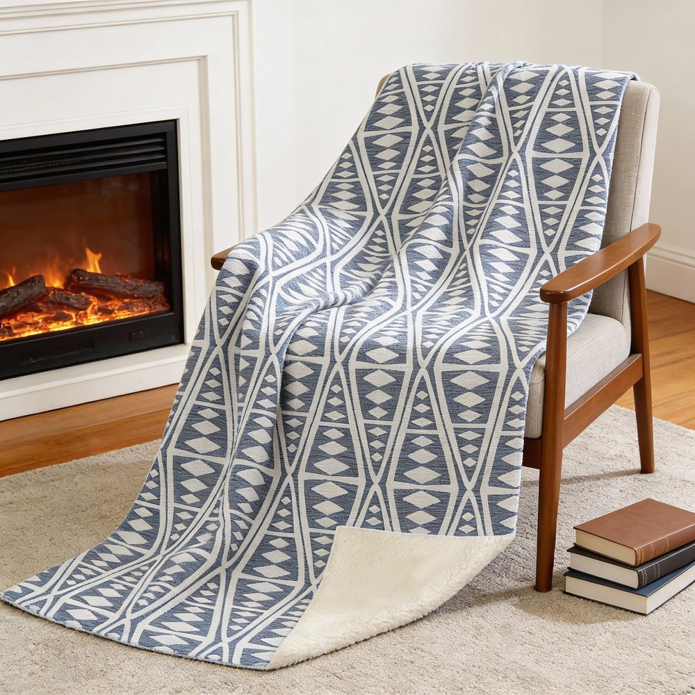50" X 70" Blue And Ivory Geometric Microfiber Plush Throw Blanket