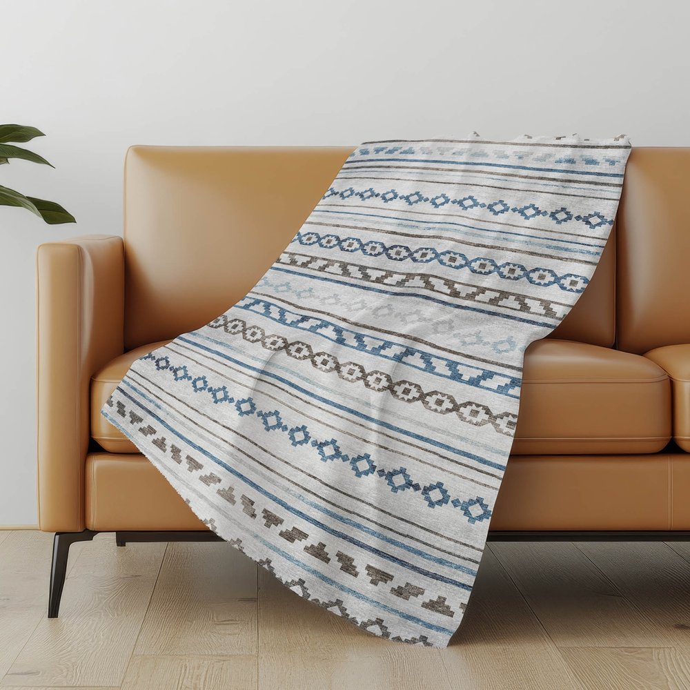 50" X 70" Gray Blue And Ivory Geometric Microfiber Plush Throw Blanket