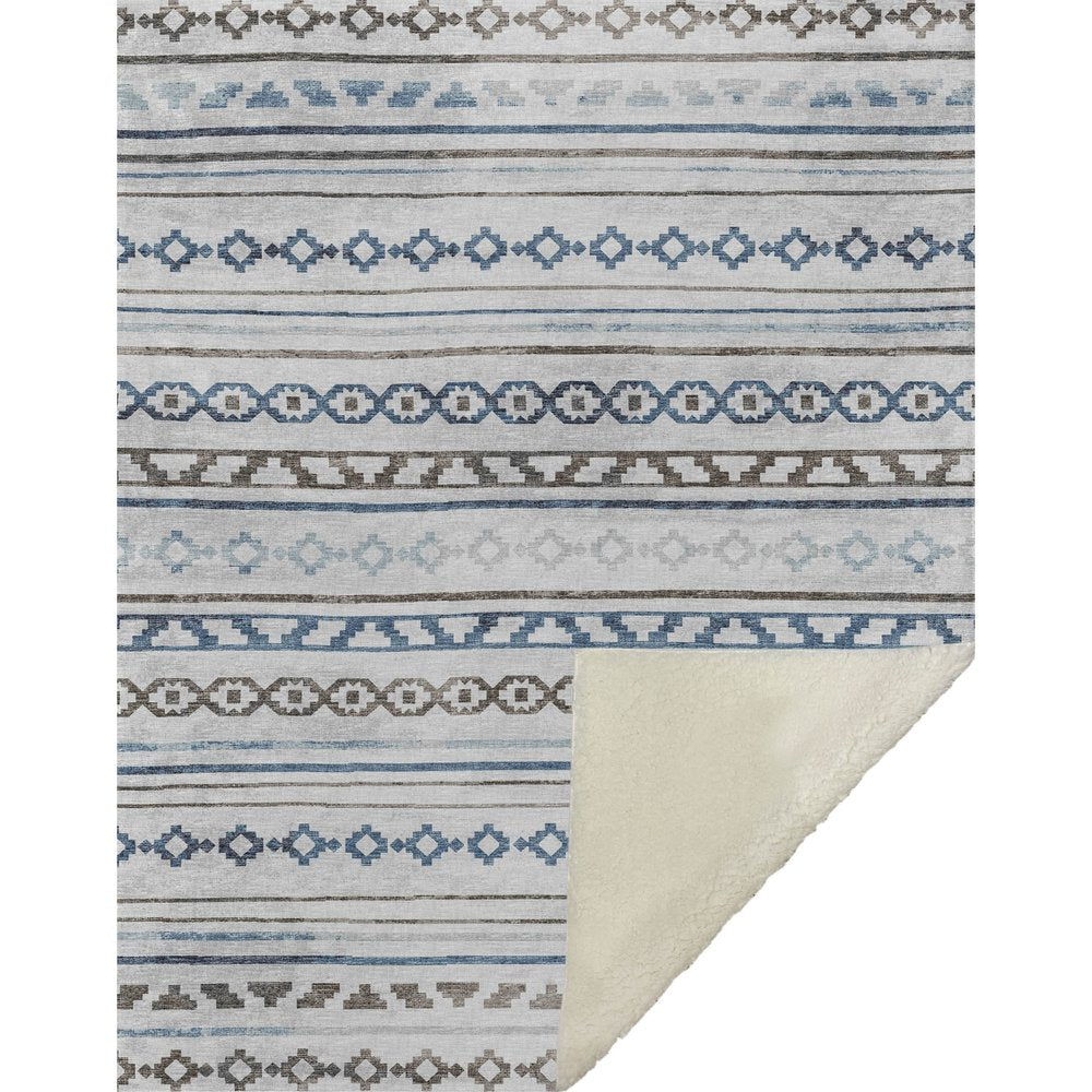 50" X 70" Gray Blue And Ivory Geometric Microfiber Plush Throw Blanket