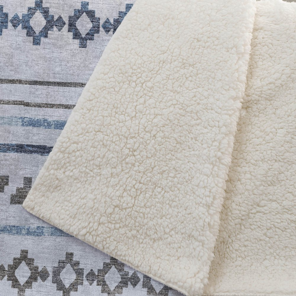 50" X 70" Gray Blue And Ivory Geometric Microfiber Plush Throw Blanket